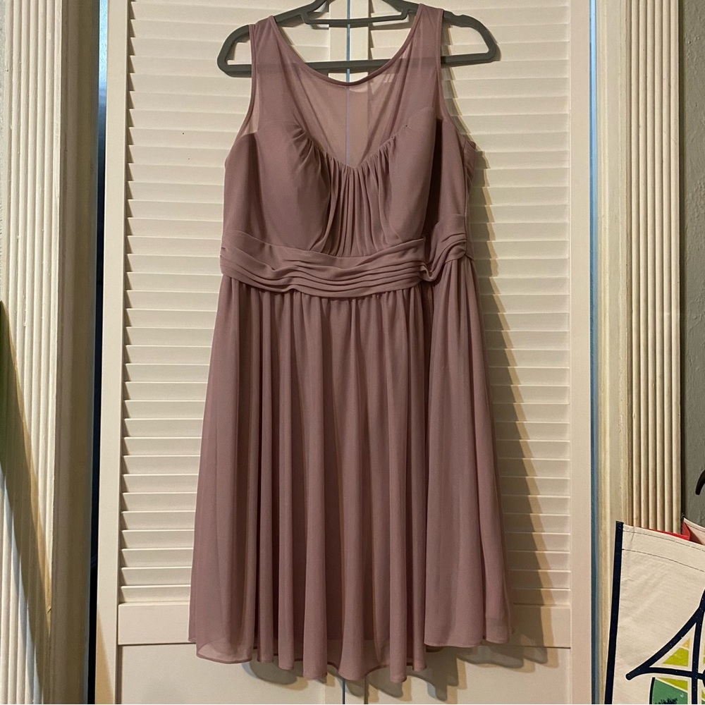 David’s Bridal blush pink short bridesmaid dress